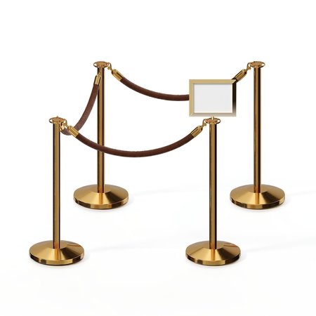 MONTOUR LINE Stanchion Post & Rope Kit Pol.Brass, 4FlatTop 3Tan Rope 8.5x11H Sign C-Kit-3-PB-FL-1-Tapped-1-8511-H-3-PVR-TN-PB